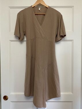 PLAN Korea Asymmetric Linen Blend Paneled V-Neck Mock Wrap Dress | Minimalist